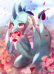 Size: 2085x2835 | Tagged: safe, artist:choyamy, princess ember, dragon, g4, blushing, cute, dragoness, emberbetes, female, fire ruby, flower, gem, heart, high res, jewelry, petals, rose, ruby, solo, weapons-grade cute