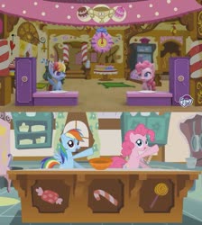 Size: 845x945 | Tagged: safe, artist:misterdavey, edit, edited screencap, screencap, pinkie pie, rainbow dash, earth pony, pegasus, pony, cupcakes hd, cake off, g4, g4.5, my little pony: stop motion short, bipedal, dancing, female, mare, my little pony logo, sugarcube corner, this will not end well