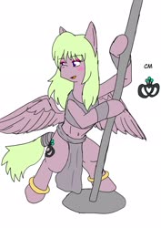 Size: 1451x2048 | Tagged: safe, alternate version, artist:omegapony16, oc, oc only, oc:oriponi, pegasus, pony, bipedal, blushing, bracelet, clothes, colored, dancing, disguise, disguised changeling, female, jewelry, mare, pegasus oc, solo, spread wings, stripper, stripper pole, wings