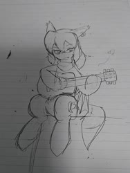 Size: 1080x1440 | Tagged: safe, artist:omegapony16, oc, oc only, oc:oriponi, bat pony, pony, bat pony oc, clothes, female, guitar, lineart, lined paper, mare, musical instrument, scarf, sitting, solo, traditional art