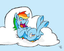 Size: 1744x1392 | Tagged: safe, alternate version, artist:lucas_gaxiola, rainbow dash, pegasus, pony, g4, blushing, cloud, eyes closed, female, laughing, mare, on a cloud, on back, open mouth, signature, solo, underhoof