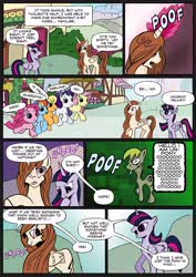 Size: 2310x3255 | Tagged: safe, artist:nanashi saito, applejack, fluttershy, pinkie pie, rainbow dash, rarity, twilight sparkle, oc, oc:ur-pony, alicorn, earth pony, pegasus, pony, unicorn, comic:rhapsody in blue, g4, crossover, fanfic art, harry potter and the methods of rationality, hermione granger, high res, human in equestria, mane six, ponified, poof, text, twilight sparkle (alicorn), uncanny valley