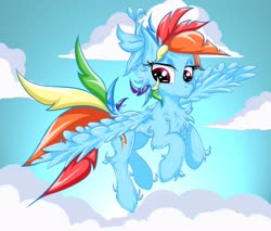 Size: 2423x2061 | Tagged: safe, artist:rurihal, rainbow dash, pegasus, pony, g4, chest fluff, ear fluff, feather, female, flying, high res, hoof fluff, solo