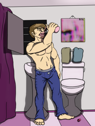 Size: 2160x2880 | Tagged: safe, artist:mcsplosion, part of a set, human, clothes, high res, male, male nipples, nipples, nudity, partial nudity, sink, solo, toilet, topless, transformation, transgender transformation
