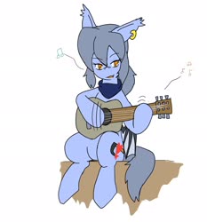 Size: 1908x2048 | Tagged: safe, alternate version, artist:omegapony16, oc, oc only, oc:oriponi, bat pony, pony, bat pony oc, clothes, colored, ear piercing, earring, female, guitar, jewelry, mare, music notes, musical instrument, piercing, scarf, singing, sitting, solo