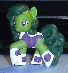 Size: 606x648 | Tagged: safe, artist:chili19, earth pony, pony, boots, clothes, crossover, customized toy, female, irl, mare, photo, ponified, raised hoof, she-hulk, shoes, solo, toy