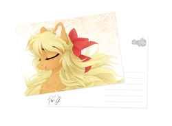 Size: 955x700 | Tagged: safe, artist:vird-gi, applejack, earth pony, pony, g4, beautiful, bow, chest fluff, ear fluff, eyes closed, female, hair bow, mare, postcard, signature, smiling, solo, windswept mane