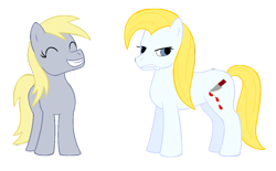Size: 998x620 | Tagged: safe, alternate version, artist:chili19, derpy hooves, oc, oc:bloodknife, earth pony, pegasus, pony, g4, blood, duo, female, frown, grin, knife, mare, simple background, smiling, transparent background