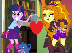 Size: 1353x1000 | Tagged: safe, edit, edited screencap, screencap, adagio dazzle, twilight sparkle, equestria girls, equestria girls specials, g4, my little pony equestria girls: better together, my little pony equestria girls: sunset's backstage pass, backpack, female, lesbian, ship:adagilight, shipping, shipping domino