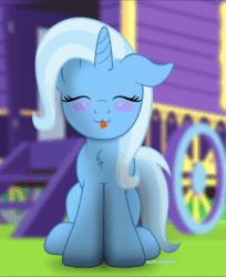Size: 600x736 | Tagged: safe, artist:bastbrushie, part of a set, trixie, pony, unicorn, g4, :3, animated, bastbrushie is trying to kill us, blushing, chest fluff, cute, daaaaaaaaaaaw, dancing, diatrixes, eyes closed, female, floppy ears, gif, grass, mare, onomatopoeia, raspberry, raspberry noise, sitting, solo, tongue out, wheel