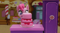 Size: 1920x1080 | Tagged: safe, screencap, pinkie pie, earth pony, pony, cake off, g4.5, my little pony: stop motion short, animated, cake, female, food, frosting, happy, icing bag, smiling, solo, sound, sparkles, stop motion, sunburst background, webm