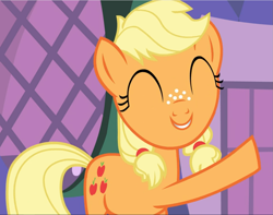 Size: 1191x939 | Tagged: safe, screencap, applejack, earth pony, pony, g4, where the apple lies, cropped, cute, eyes closed, female, freckles, happy, jackabetes, smiling, solo, teenage applejack, teenager