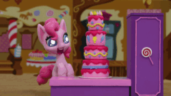 Size: 800x450 | Tagged: safe, screencap, pinkie pie, rainbow dash, earth pony, pegasus, pony, cake off, g4.5, my little pony: stop motion short, animated, cake, cute, dashabetes, double take, female, flying, food, frosting, gif, happy, smiling, stop motion, surprised, wings