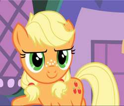 Size: 1100x940 | Tagged: safe, screencap, applejack, earth pony, pony, g4, where the apple lies, confident, cropped, female, freckles, smiling, solo, teenage applejack, teenager