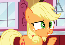 Size: 1333x938 | Tagged: safe, screencap, applejack, earth pony, pony, g4, where the apple lies, cropped, female, freckles, raised hoof, smiling, solo, teenage applejack, teenager