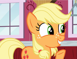 Size: 1221x939 | Tagged: safe, screencap, applejack, earth pony, pony, g4, where the apple lies, cropped, cute, female, freckles, happy, jackabetes, raised hoof, smiling, solo, teenage applejack, teenager