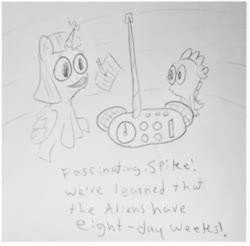 Size: 855x840 | Tagged: safe, artist:dex stewart, spike, twilight sparkle, alicorn, pony, fanfic:the mane six discover human music, g4, eight days a week, fanfic, fimfiction, monochrome, radio, song reference, the beatles, twilight sparkle (alicorn)