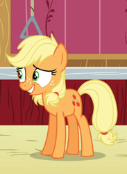 Size: 594x813 | Tagged: safe, screencap, applejack, earth pony, pony, g4, where the apple lies, cropped, female, freckles, nervous smile, solo, teenage applejack, teenager