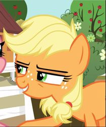 Size: 791x940 | Tagged: safe, screencap, applejack, earth pony, pony, g4, where the apple lies, cropped, evil grin, female, freckles, grin, narrowed eyes, raised hoof, smiling, solo, teenage applejack, teenager