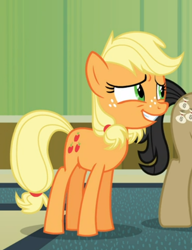 Size: 480x625 | Tagged: safe, screencap, applejack, earth pony, pony, g4, where the apple lies, cropped, female, freckles, nervous smile, solo, teenage applejack, teenager