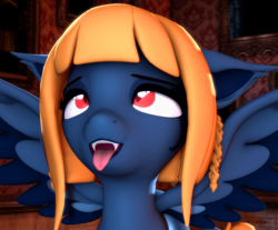 Size: 2124x1758 | Tagged: safe, artist:alcohors, oc, oc only, oc:pietas lazuli, pegasus, pony, sphinx, 3d, ahegao, blue skin, eyes rolling back, fangs, feather, female, nexgen, open mouth, pegasus oc, red eyes, solo, source filmmaker, sphinx oc, tongue out, wings, yellow hair