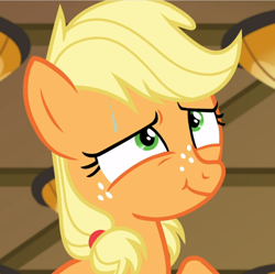 Size: 940x938 | Tagged: safe, screencap, applejack, earth pony, pony, g4, where the apple lies, cropped, female, freckles, narrowed eyes, nervous, solo, sweat, teenage applejack, teenager