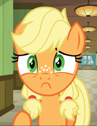 Size: 723x939 | Tagged: safe, screencap, applejack, earth pony, pony, g4, where the apple lies, cropped, female, freckles, solo, teenage applejack, teenager, worried