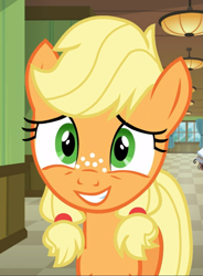 Size: 691x938 | Tagged: safe, screencap, applejack, earth pony, pony, g4, where the apple lies, cropped, cute, female, freckles, jackabetes, smiling, solo, teenage applejack, teenager