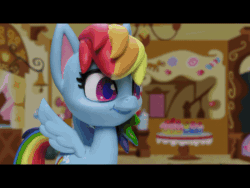 Size: 800x600 | Tagged: safe, pinkie pie, rainbow dash, earth pony, pegasus, pony, cake off, g4.5, my little pony: stop motion short, animated, close-up, female, gif, laughing, letterboxing, smiling, speed lines, split screen, stop motion, versus
