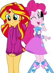 Size: 3743x5018 | Tagged: safe, artist:cloudy glow, artist:yanoda, edit, edited edit, editor:slayerbvc, vector edit, pinkie pie, sunset shimmer, equestria girls, g4, blushing, boots, bottomless, breaking the fourth wall, clothes, embarrassed, embarrassed nude exposure, female, hoodie, nudity, one eye closed, partial nudity, shirt, shirt pull, shoes, simple background, transparent background, vector, wink