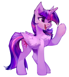 Size: 2768x3072 | Tagged: safe, artist:share dast, twilight sparkle, alicorn, pony, chest fluff, cute, ear fluff, eye clipping through hair, female, fluffy, high res, leg fluff, mare, one eye closed, open mouth, raised hoof, simple background, solo, twiabetes, twilight sparkle (alicorn), white background, wing fluff, wink