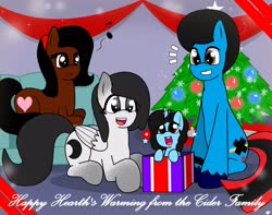 Size: 3234x2550 | Tagged: safe, artist:takaneko13, oc, oc only, oc:blueberry cider, oc:creamcake, oc:momma cider, oc:tempo cider, earth pony, pegasus, pony, unicorn, afro, box, christmas, christmas tree, couch, earth pony oc, female, filly, group, high res, holiday, horn, male, mare, music notes, open mouth, pegasus oc, pony in a box, present, prone, smiling, stallion, text, tree, unicorn oc, unshorn fetlocks, wings