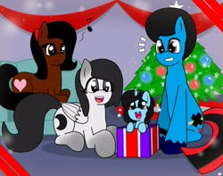 Size: 3234x2550 | Tagged: safe, alternate version, artist:takaneko13, oc, oc only, oc:blueberry cider, oc:creamcake, oc:momma cider, oc:tempo cider, earth pony, pegasus, pony, unicorn, afro, box, christmas, christmas tree, couch, earth pony oc, female, filly, group, high res, holiday, horn, male, mare, music notes, open mouth, pegasus oc, pony in a box, present, prone, smiling, stallion, tree, unicorn oc, unshorn fetlocks, wings