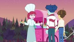 Size: 1920x1080 | Tagged: safe, screencap, curly winds, puffed pastry, some blue guy, wiz kid, human, equestria girls, equestria girls specials, g4, my little pony equestria girls: better together, my little pony equestria girls: sunset's backstage pass, chef, chef's hat, female, food stand, gay, hat, holding hands, male, puffed pastry's churro stand, ship:wizwinds, shipping, shipping fuel