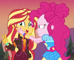 Size: 1005x812 | Tagged: safe, screencap, pinkie pie, sunset shimmer, equestria girls, equestria girls specials, g4, my little pony equestria girls: better together, my little pony equestria girls: sunset's backstage pass, cropped, female