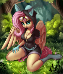 Size: 1500x1757 | Tagged: safe, artist:lightly-san, fluttershy, pegasus, anthro, unguligrade anthro, adorasexy, beautisexy, boots, breasts, bunny ears, busty fluttershy, cleavage, clothes, costume, cute, dangerous mission outfit, female, forest, gloves, goggles, hoodie, kneeling, looking at you, mare, paywalled alternate version, sexy, shoes, shyabetes, sitting, solo, stupid sexy fluttershy