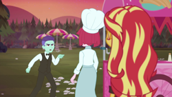 Size: 1600x900 | Tagged: safe, screencap, puffed pastry, sunset shimmer, equestria girls, equestria girls specials, g4, my little pony equestria girls: better together, my little pony equestria girls: sunset's backstage pass, chef, chef's hat, female, food stand, hat, puffed pastry's churro stand
