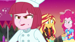 Size: 1600x900 | Tagged: safe, screencap, pinkie pie, puffed pastry, sunset shimmer, equestria girls, equestria girls specials, g4, my little pony equestria girls: better together, my little pony equestria girls: sunset's backstage pass, beauty mark, chef's hat, churros, female, food, geode of empathy, geode of sugar bombs, hat, magical geodes, music festival outfit