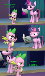 Size: 1920x3240 | Tagged: safe, artist:red4567, derpibooru exclusive, spike, twilight sparkle, alicorn, dragon, pony, equestria girls, g4, 3d, book, comic, equestria girls ponified, garfield, glasses, ponified, racism, source filmmaker, speciesism, style emulation, twibitch sparkle, twiggie, twilight sparkle (alicorn), winged spike, wings