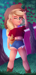 Size: 967x2000 | Tagged: safe, artist:discorded, applejack, human, equestria girls, g4, apple, apple tree, applebutt, ass, beautiful, behind, belt, blowing bubbles, bubblegum, butt, clothes, cottagecore, cowboy hat, cowgirl, denim shorts, digital art, female, food, gum, hat, legs, looking at you, looking back, looking back at you, one eye closed, sexy, shorts, smiling, solo, stetson, sultry pose, thighs, tomboy, tree, wink, winking at you