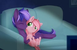 Size: 1024x669 | Tagged: safe, artist:dusthiel, oc, oc only, pegasus, pony, unicorn, couch, female, kissing, male, mare, stallion