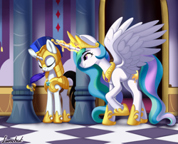 Size: 2252x1820 | Tagged: safe, artist:lunebat, princess celestia, alicorn, pony, unicorn, g4, armor, cute, cutelestia, digital art, duo, eyes closed, feather, female, glowing horn, guardsmare, high res, horn, horses doing horse things, levitation, magic, mare, nose wrinkle, prank, royal guard, sillestia, silly, sleeping, sleeping on the job, sleeping while standing, smiling, spread wings, telekinesis, tickling, trollestia, wings