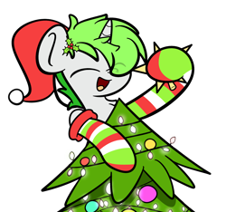 Size: 1640x1536 | Tagged: safe, artist:php142, part of a set, oc, oc only, oc:starshine glow, pony, unicorn, christmas, christmas lights, christmas tree, clothes, cute, eye clipping through hair, eyes closed, hat, holiday, holly, holly mistaken for mistletoe, hoof hold, male, open mouth, santa hat, simple background, smiling, socks, solo, stallion, stars, striped socks, transparent background, tree, ych result