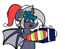 Size: 2048x1536 | Tagged: safe, artist:php142, part of a set, oc, oc only, oc:elizabat stormfeather, alicorn, bat pony, bat pony alicorn, pony, alicorn oc, bat pony oc, box, chest fluff, christmas, christmas presents, clothes, cute, eye clipping through hair, fangs, female, hat, holiday, holly, holly mistaken for mistletoe, hoof hold, horn, mare, one eye closed, open mouth, present, santa hat, simple background, smiling, socks, solo, striped socks, transparent background, wink, ych result