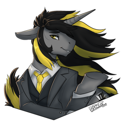 Size: 1292x1308 | Tagged: safe, artist:rifthebit, oc, oc only, oc:knick knack, anthro, bust, classy, clothes, horn, male, simple background, solo, unicorn oc, white background