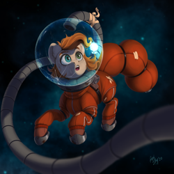 Size: 2000x2000 | Tagged: safe, artist:amishy, oc, oc only, oc:rusty gears, pony, astronaut, floating hair, heterochromia, high res, solo, space, spacesuit