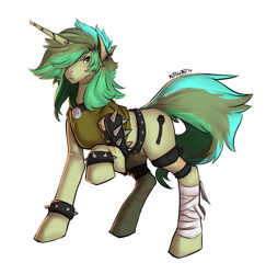 Size: 2592x2664 | Tagged: safe, artist:rifthebit, oc, oc only, oc:piper, pony, unicorn, fallout equestria, bandaged leg, clothes, collar, female, high res, raider, raider armor, scarred, simple background, solo, spiked wristband, white background, wristband
