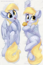 Size: 2731x4096 | Tagged: safe, artist:taneysha, derpy hooves, pegasus, pony, g4, body pillow, body pillow design, cheek fluff, chest fluff, cute, derpabetes, ear fluff, female, food, high res, hnnng, mare, muffin, on back, open mouth, solo