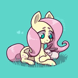 Size: 1000x1000 | Tagged: safe, artist:mintcrowss, fluttershy, pegasus, pony, rabbit, g4, animal, blue background, cute, eyes closed, female, folded wings, heart, mare, no pupils, prone, shyabetes, simple background, smiling, solo, three quarter view, wings