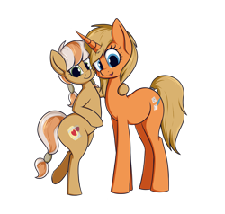 Size: 2269x2160 | Tagged: safe, artist:andelai, oc, oc:memory match, oc:wine barrel, earth pony, pony, unicorn, 2020 community collab, derpibooru community collaboration, cute, cutie mark, female, high res, hug, mother and child, mother and daughter, simple background, size difference, transparent background